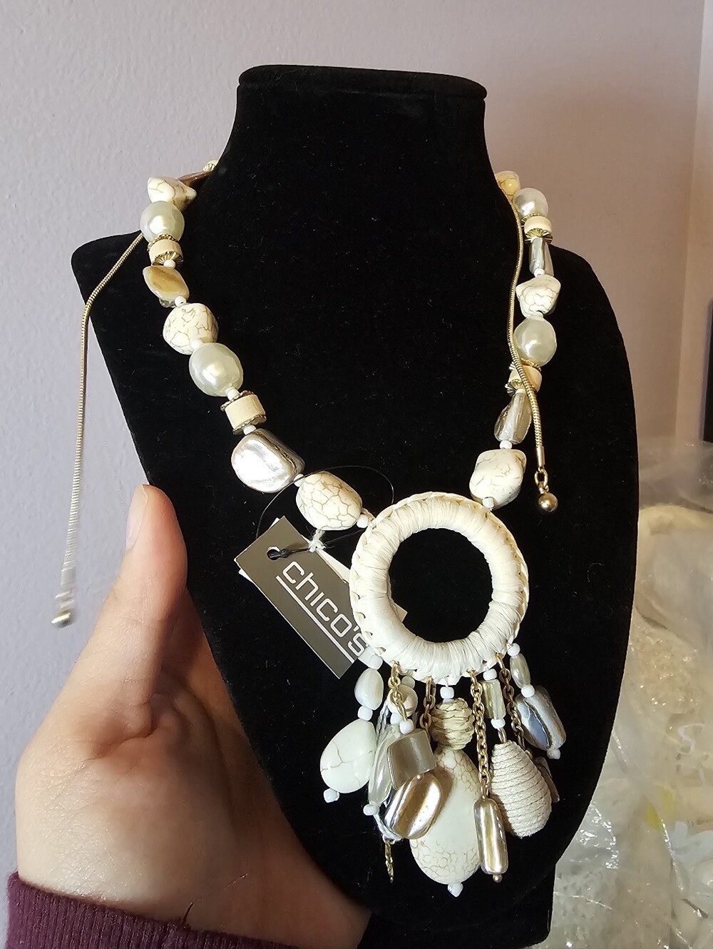 Chico's Cream and Gold Mixed-Bead Pendant Necklace